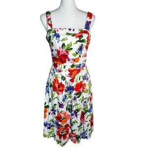 ADRIANNA PAPELL Women's 6 White Colorful‎ Floral Sleeveless Midi Dress Pockets